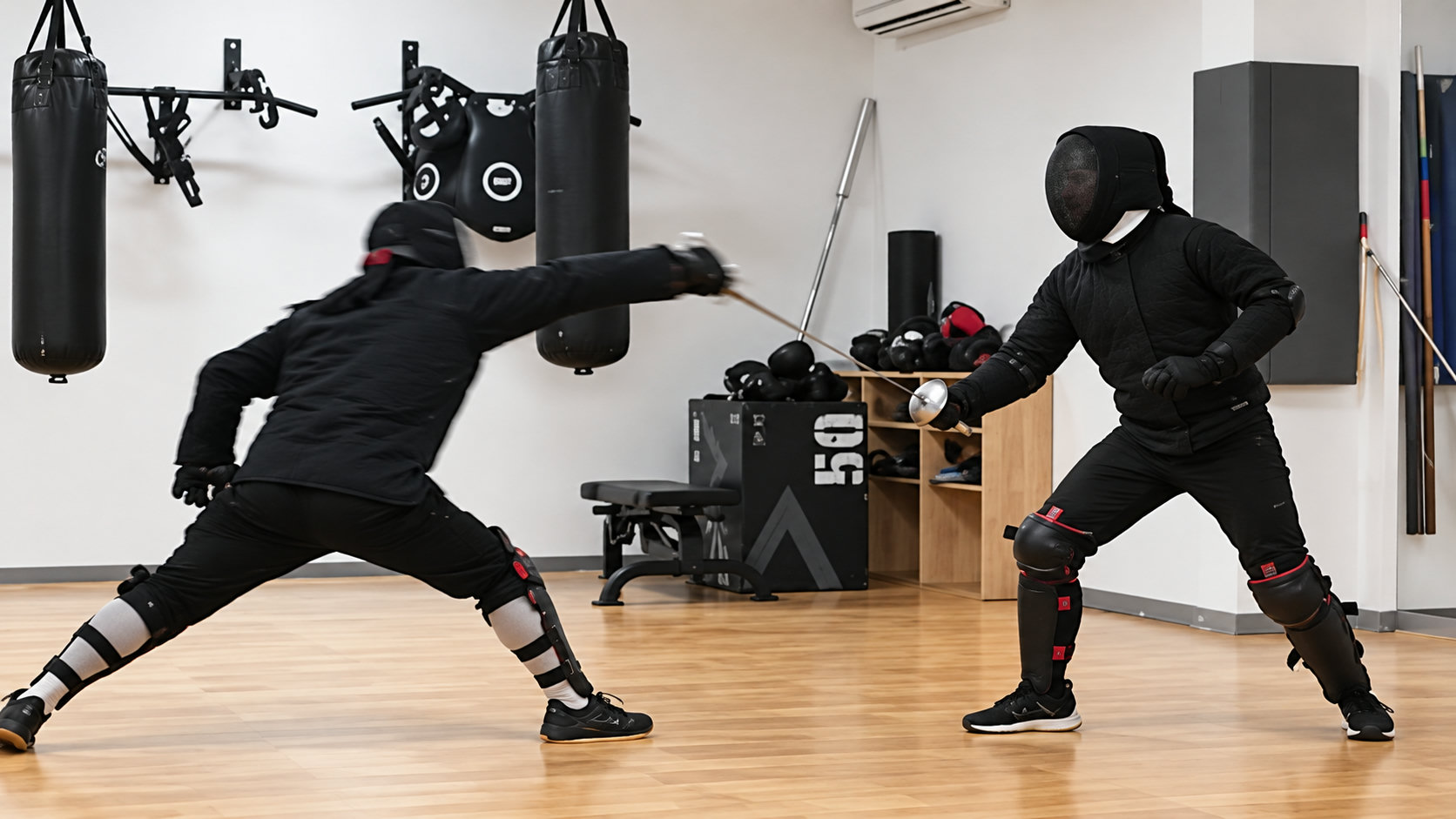 Allenamento di scherma storica a BoxeLab Chieti Scalo, con due atleti in combattimento durante una sessione tecnica in palestra.